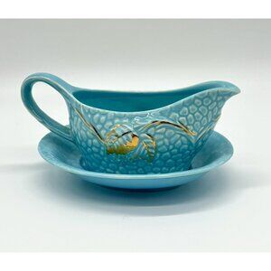 Vintage Wade Golden Turquoise Small Gravy Boat w Under Plate Gold Teal B